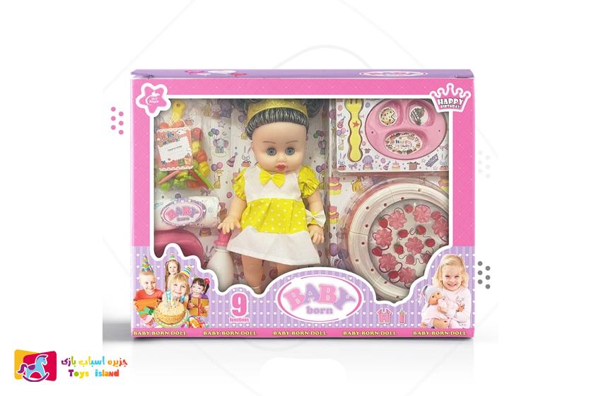عروسک بی بی بورن گوشتی موزیکال با کیک و ست لوازم تولد (5)